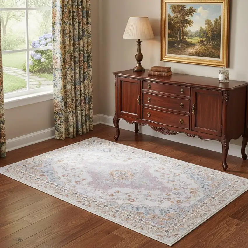 Ivory Light Blue And Peach Medallion Distressed Washable Area Rug Photo 1