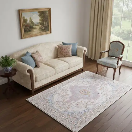 Ivory Light Blue And Peach Medallion Distressed Washable Area Rug Photo 1