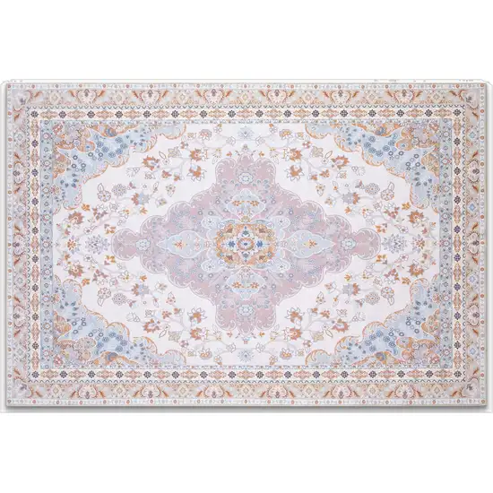 Ivory Light Blue And Peach Medallion Distressed Washable Area Rug Photo 2
