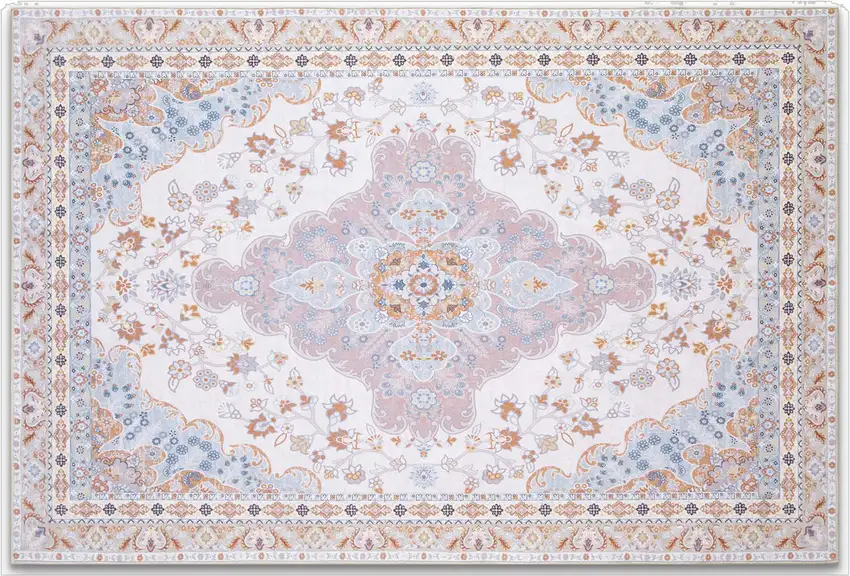 Ivory Light Blue And Peach Medallion Distressed Washable Area Rug Photo 2