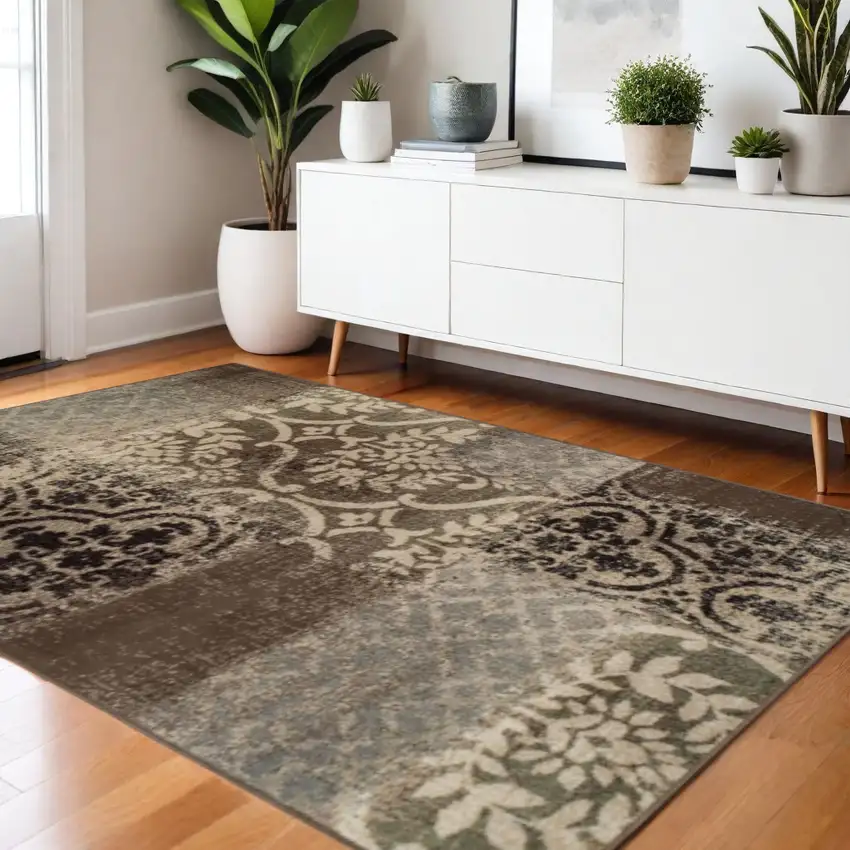 Ivory Brown And Gray Damask Distressed Area Rug Photo 1