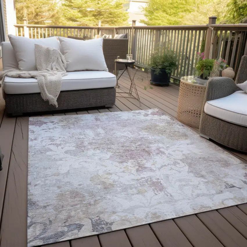 Ivory Light Purple And Gray Damask Washable Indoor Outdoor Area Rug Photo 9