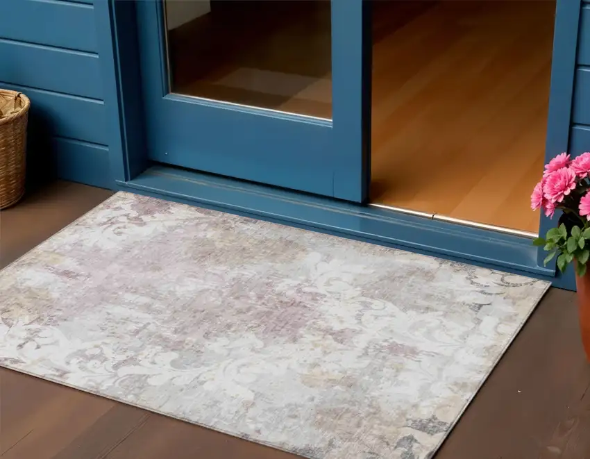 Ivory Light Purple And Gray Damask Washable Indoor Outdoor Area Rug Photo 1