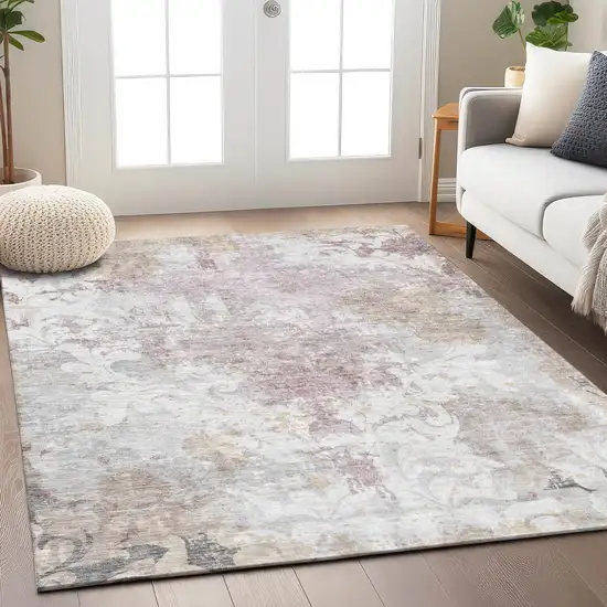 Ivory Light Purple And Gray Damask Washable Indoor Outdoor Area Rug Photo 8