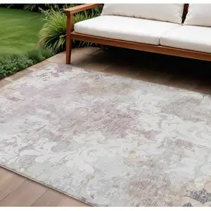 Photo of Ivory Light Purple And Gray Damask Washable Indoor Outdoor Area Rug