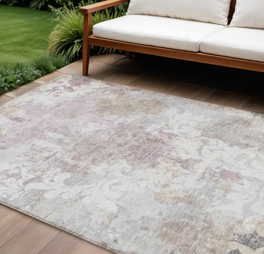 Ivory Light Purple And Gray Damask Washable Indoor Outdoor Area Rug Photo 1