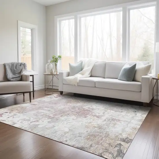 Ivory Light Purple And Gray Damask Washable Indoor Outdoor Area Rug Photo 9