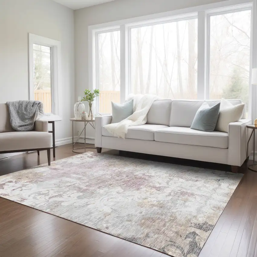 Ivory Light Purple And Gray Damask Washable Indoor Outdoor Area Rug Photo 9