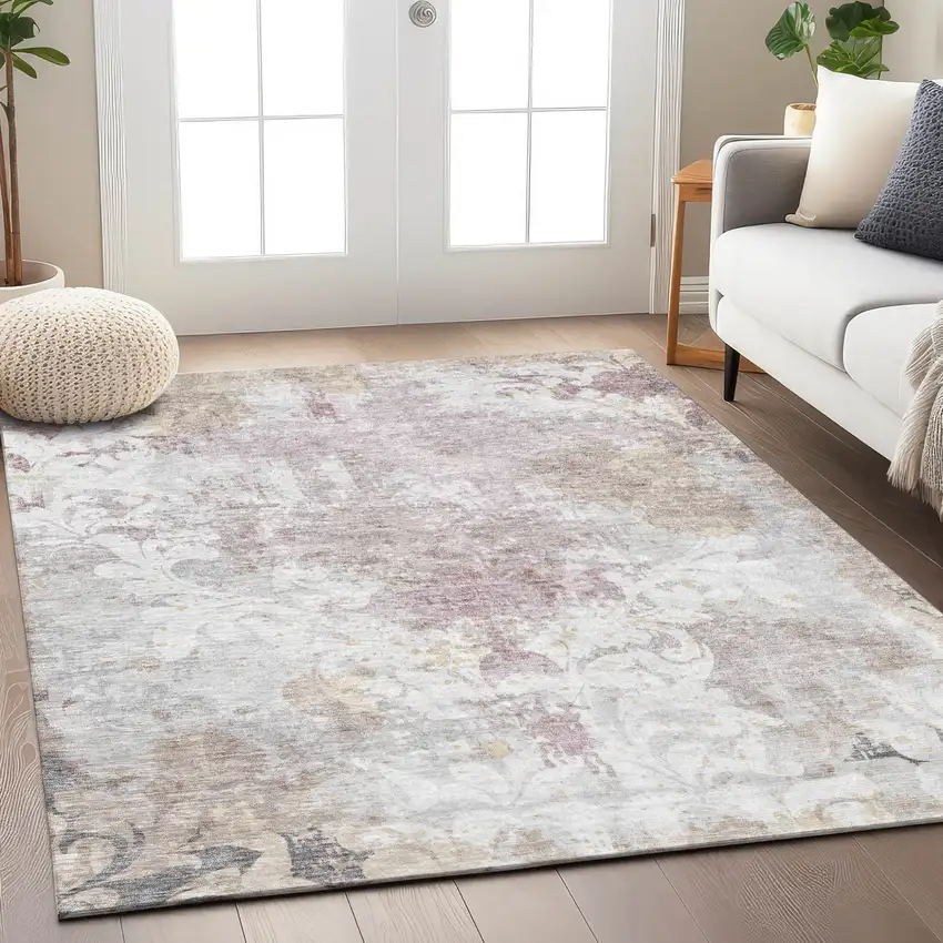 Ivory Light Purple And Gray Damask Washable Indoor Outdoor Area Rug Photo 8