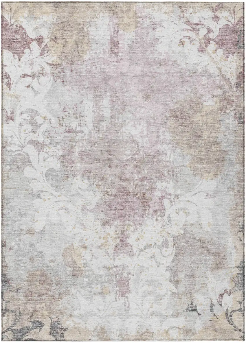 Ivory Light Purple And Gray Damask Washable Indoor Outdoor Area Rug Photo 2