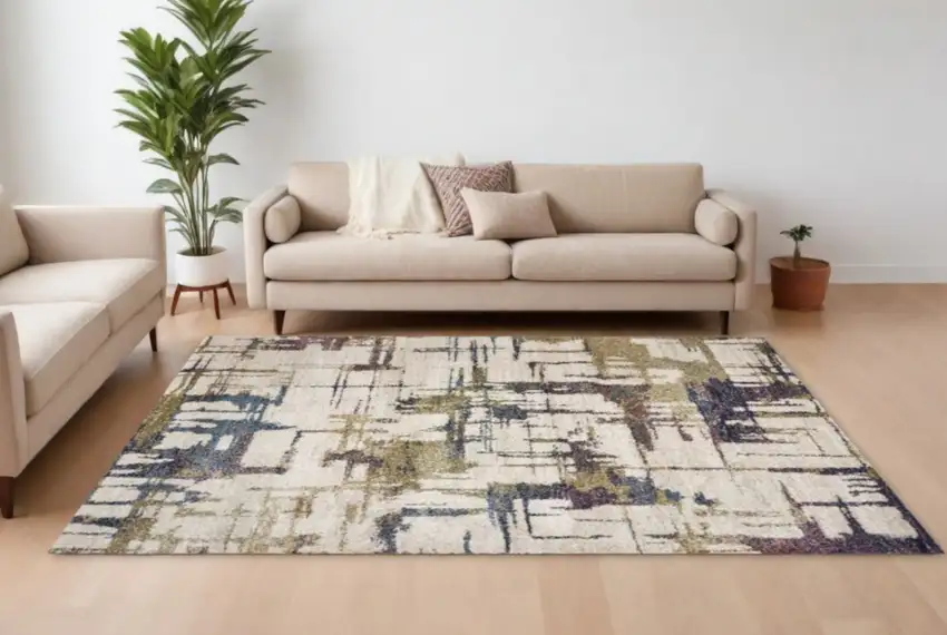 Ivory Machine Woven Abstract Brushstrokes Indoor Area Rug Photo 2