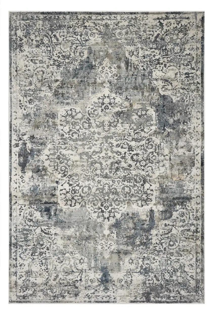 Ivory Machine Woven Distressed Diamond Floral Medallion Indoor Area Rug Photo 2