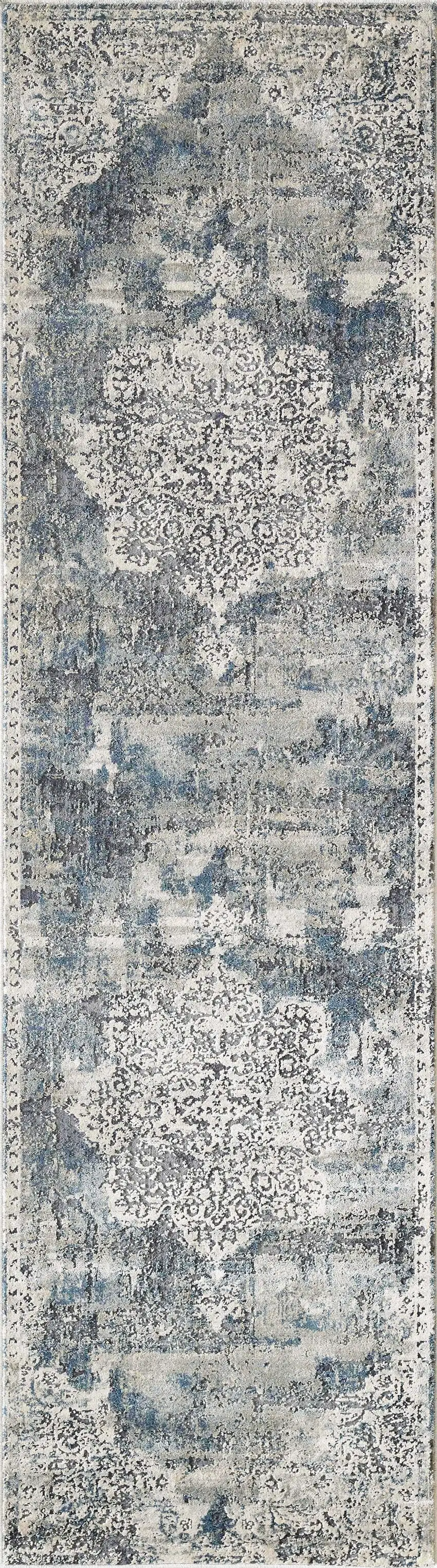 Ivory Machine Woven Distressed Diamond Floral Medallion Indoor Runner Rug Photo 1