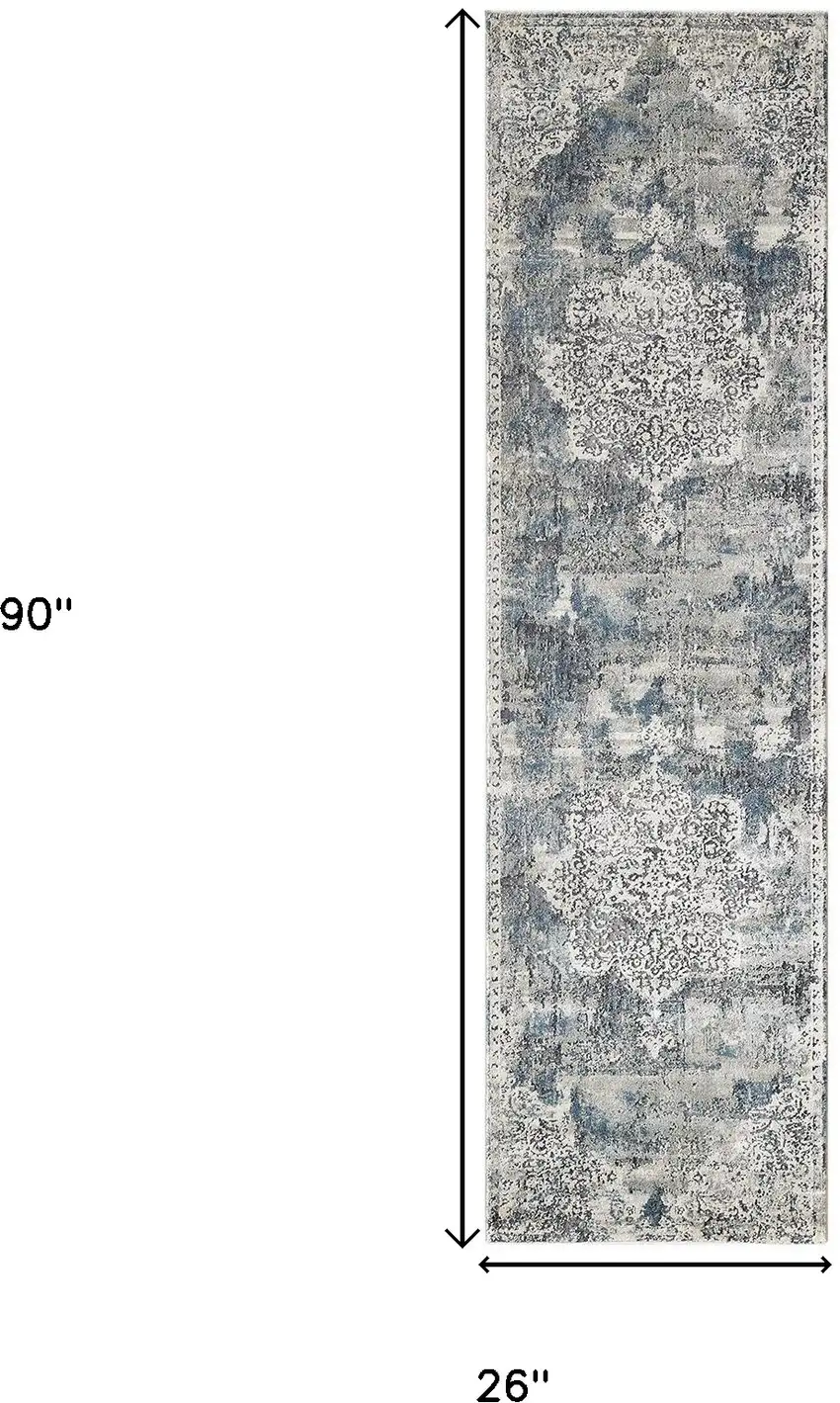 8' Ivory Machine Woven Distressed Diamond Floral Medallion Indoor Runner Rug Photo 3