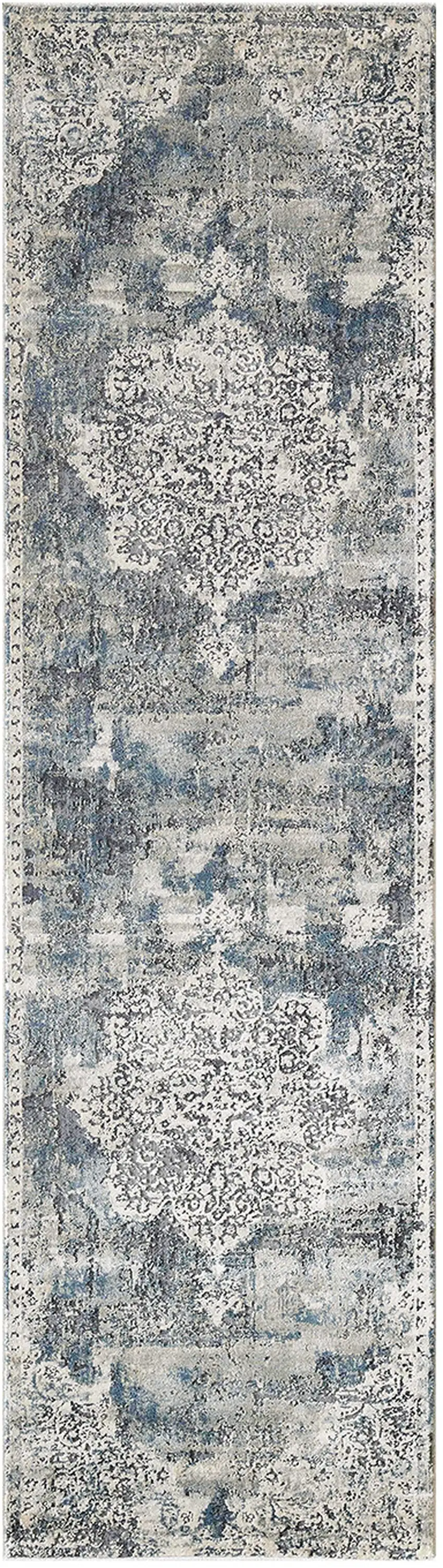 Ivory Machine Woven Distressed Diamond Floral Medallion Indoor Runner Rug Photo 2