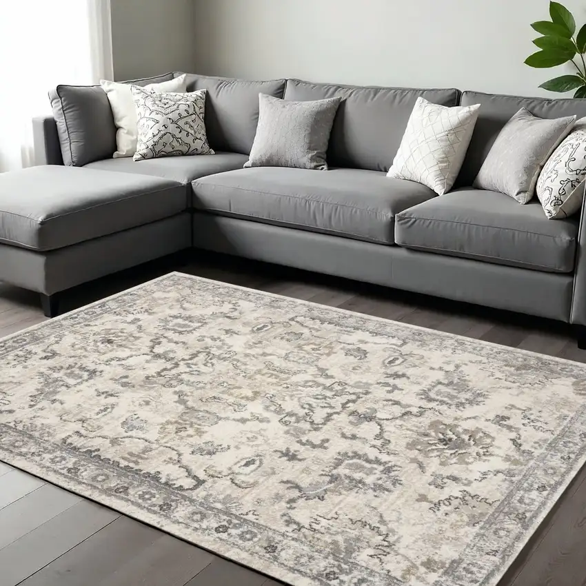 Ivory And Gray Floral Medallion Area Rug Photo 1