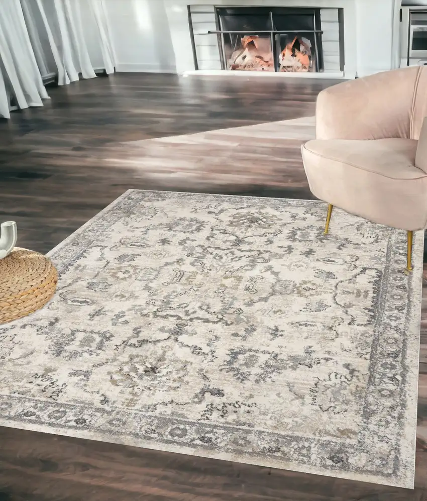 5'X8' Ivory Machine Woven Distressed Floral Traditional Indoor Runner Rug Photo 1