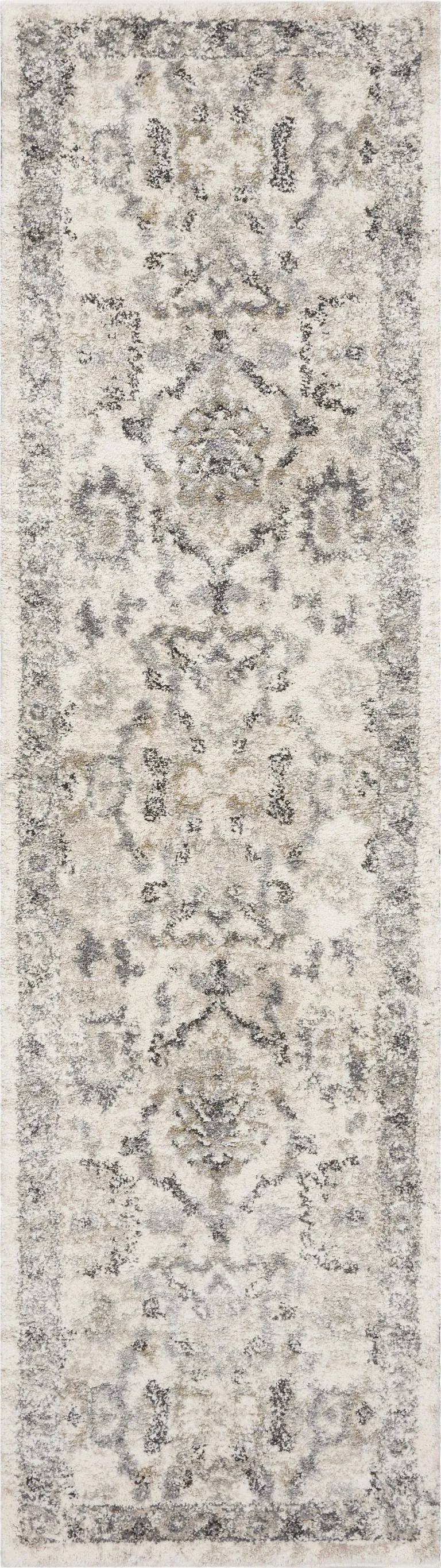 Ivory Machine Woven Distressed Floral Traditional Indoor Runner Rug Photo 1