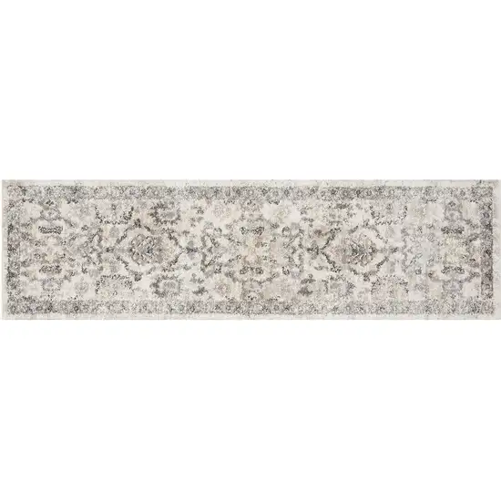 7' Ivory And Gray Floral Medallion Distressed Runner Rug Photo 2