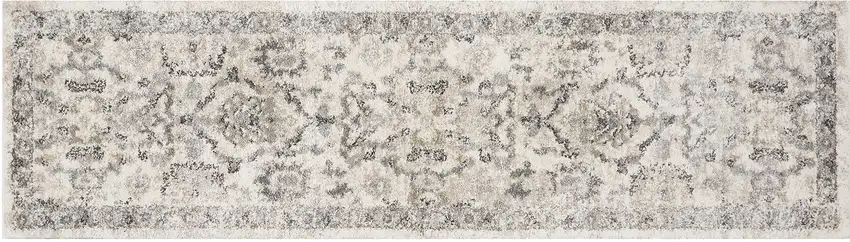 7' Ivory And Gray Floral Medallion Distressed Runner Rug Photo 2
