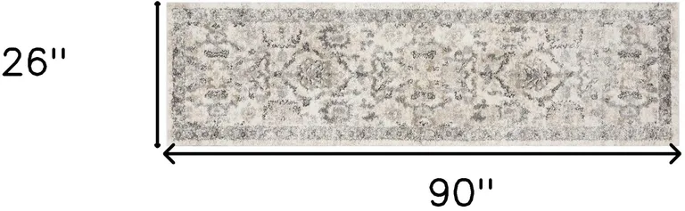 Ivory Machine Woven Distressed Floral Traditional Indoor Runner Rug Photo 5