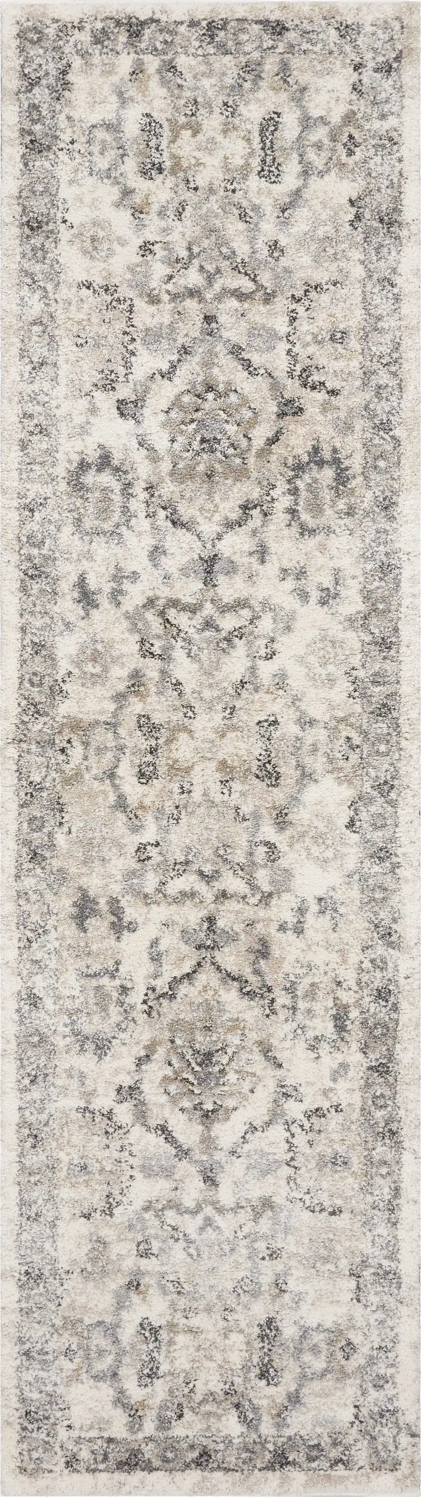 7' Ivory And Gray Floral Medallion Distressed Runner Rug Photo 5