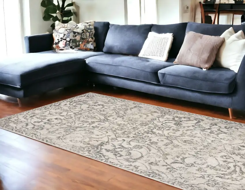 Ivory and Gray Floral Vines Distressed Area Rug Photo 1