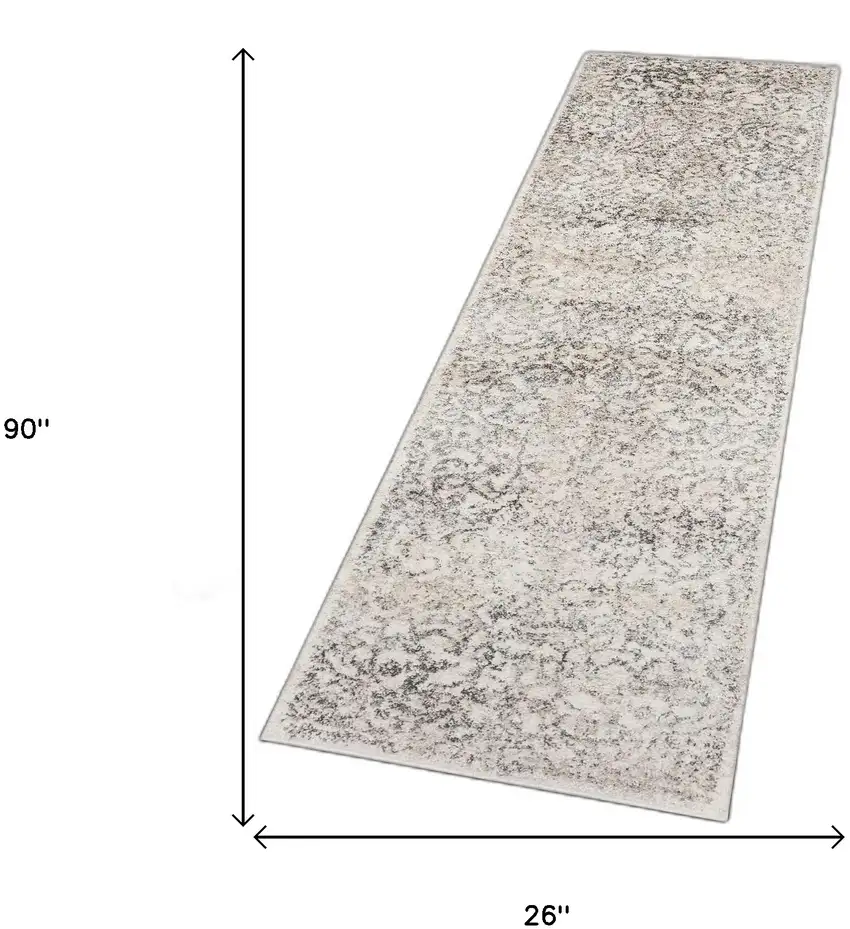 Ivory Machine Woven Distressed Floral Vines Indoor Runner Rug Photo 7
