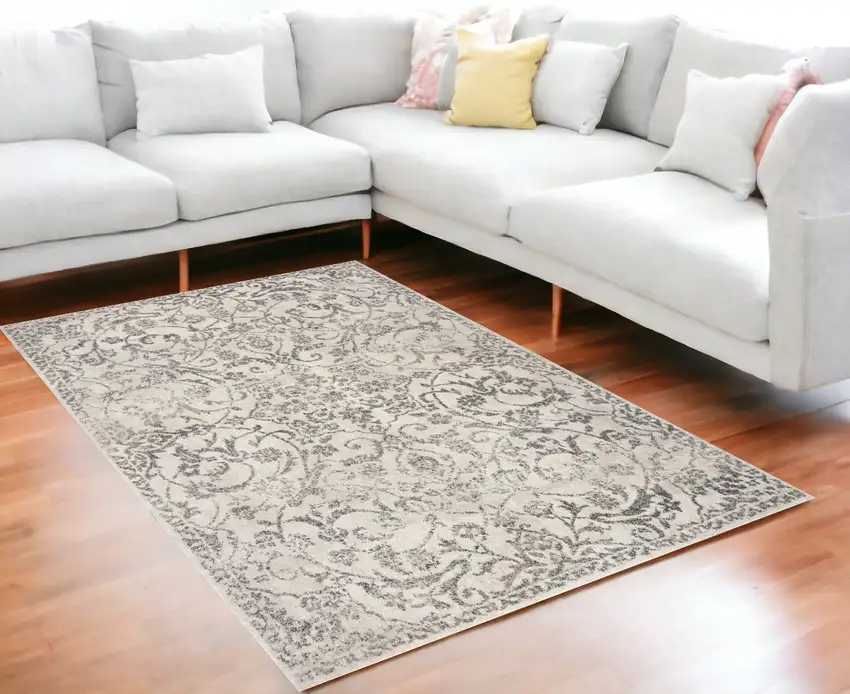 5'X8' Ivory Machine Woven Distressed Traditional Floral Vines Indoor Area Rugg Photo 1