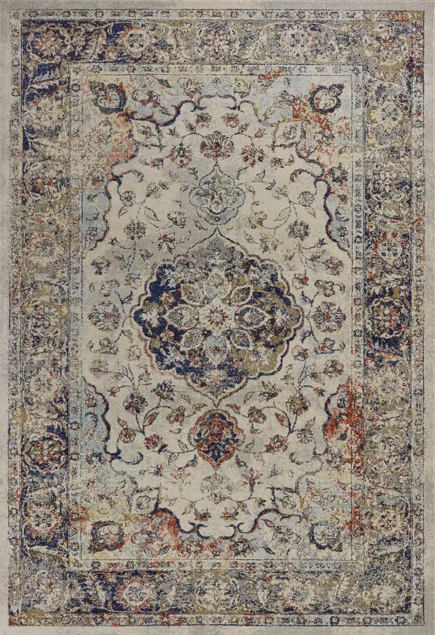 Ivory Machine Woven Floral Medallion Indoor Area Rug Photo 1