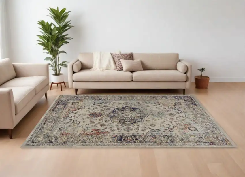 Ivory Machine Woven Floral Medallion Indoor Area Rug Photo 2