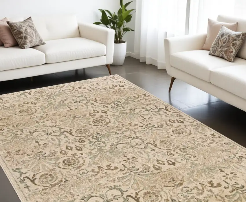 Ivory Machine Woven Floral Traditional Indoor Area Rug Photo 1