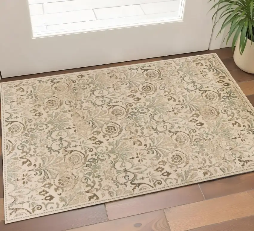 Ivory And Brown Floral Medallion Area Rug Photo 1