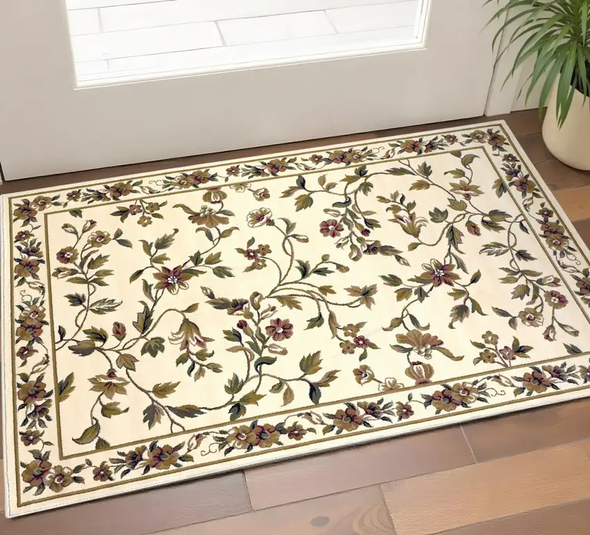 Ivory Green And Red Floral Vines Area Rug Photo 1