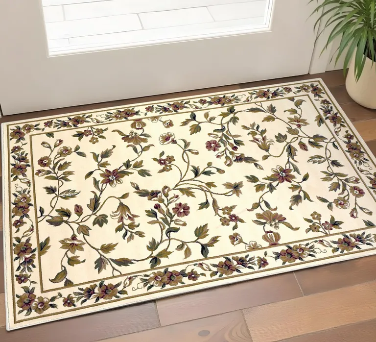 Ivory Machine Woven Floral Vines Indoor Accent Rug Photo 1