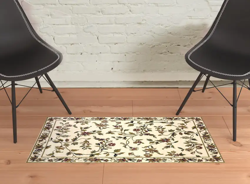 2'X3' Ivory Machine Woven Floral Vines Indoor Accent Rug Photo 2