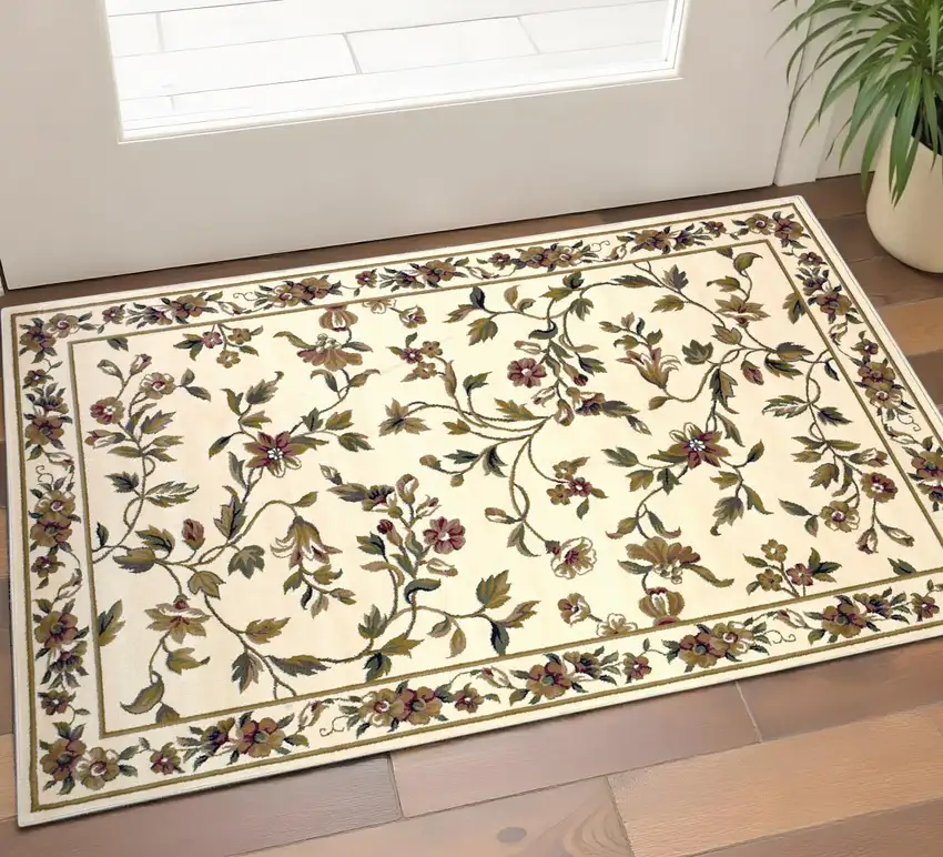 Ivory Green And Red Floral Vines Area Rug Photo 1