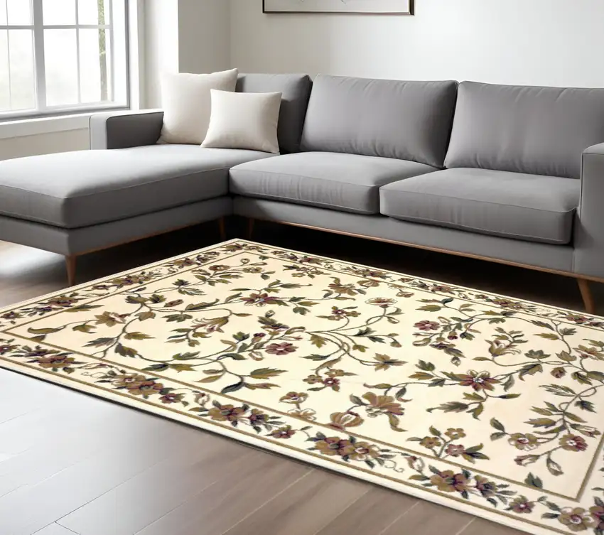 Ivory Green And Red Floral Vines Area Rug Photo 1