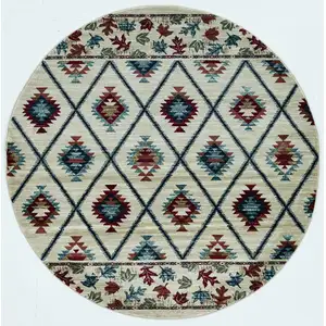 Photo of Ivory Machine Woven Geometric Lodge Round Indoor Area Rug