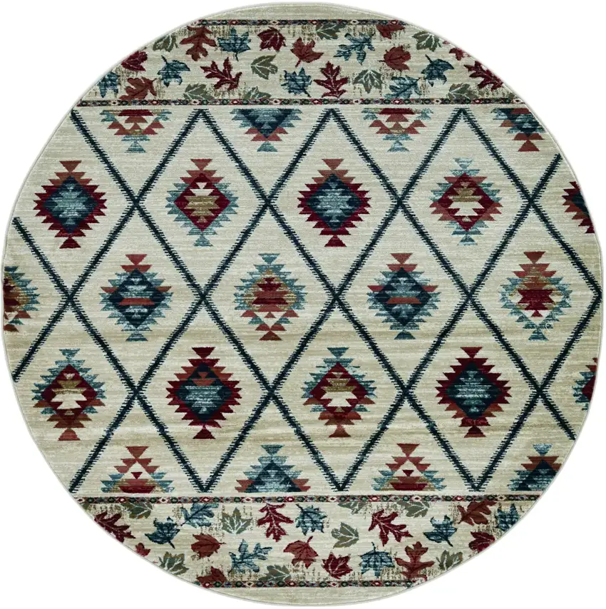 8' Ivory Machine Woven Geometric Lodge Round Indoor Area Rug Photo 2