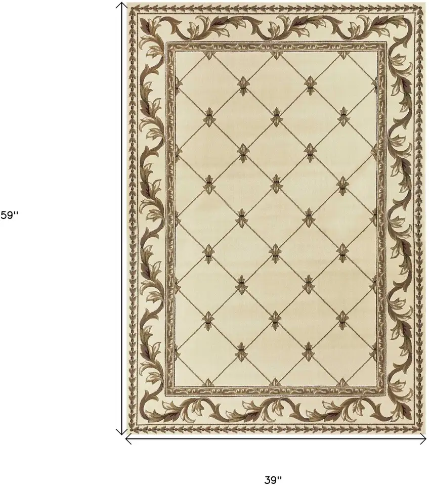 3'X5' Ivory Machine Woven Hand Carved Fleur De Lis Indoor Area Rug Photo 3