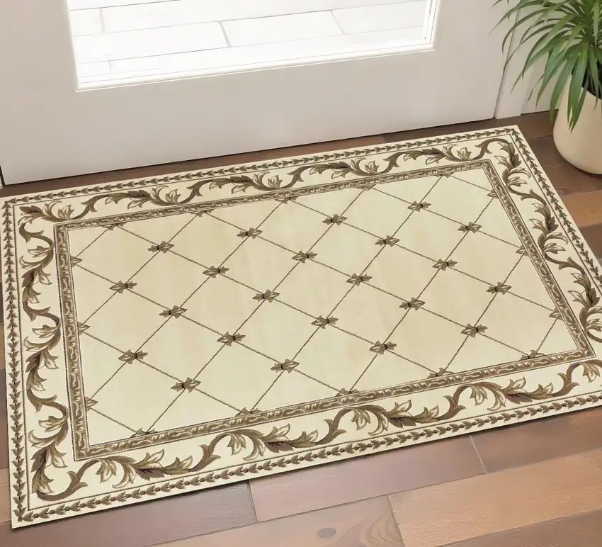Ivory And Brown Floral Vines Area Rug Photo 1