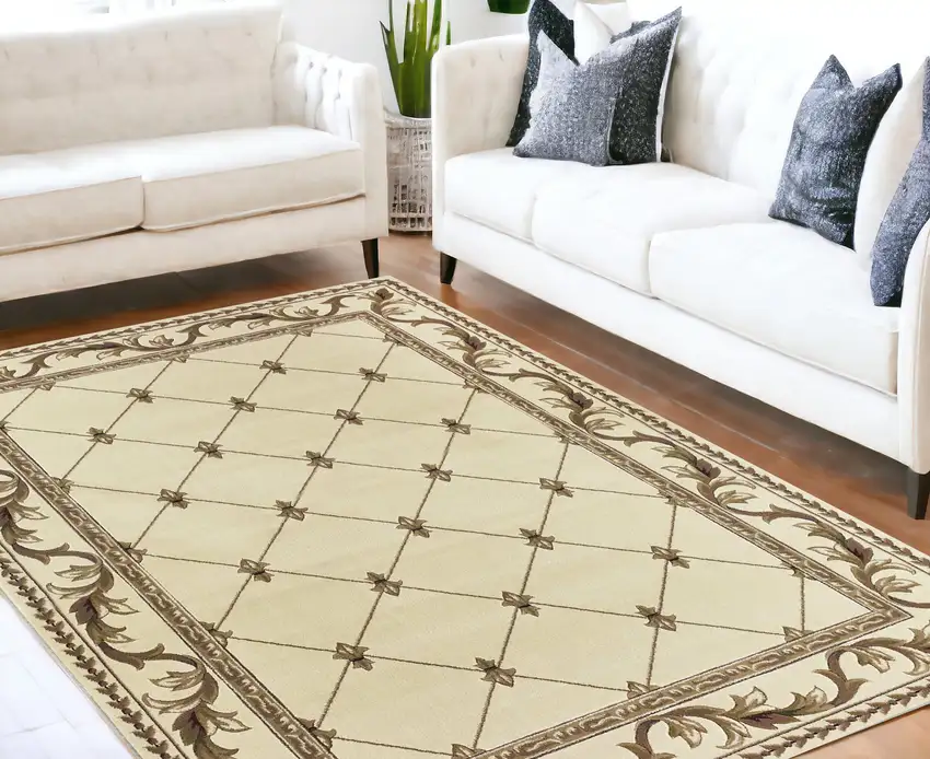 8'X11' Ivory Machine Woven Hand Carved Fleur De Lis Indoor Area Rug Photo 1