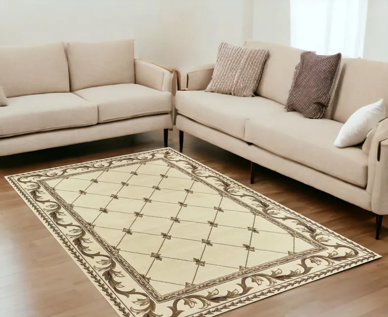 Ivory Machine Woven Hand Carved Fleur De Lis Indoor Area Rug Photo 5