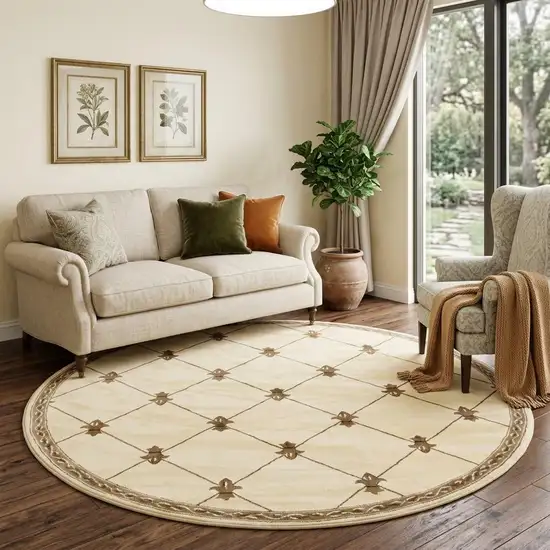 8' Ivory And Brown Floral Vines Round Rug Photo 1
