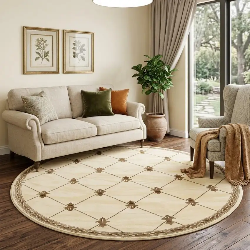 8' Ivory And Brown Floral Vines Round Rug Photo 1
