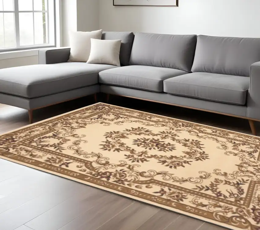 Beige And Brown Floral Medallion Area Rug Photo 1