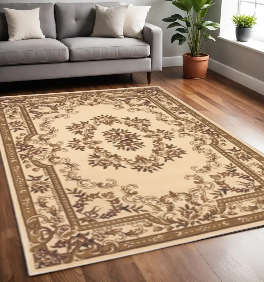 Beige And Brown Floral Medallion Area Rug Photo 1