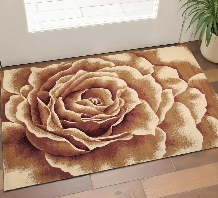 Ivory Brown And Red Floral Area Rug Photo 1