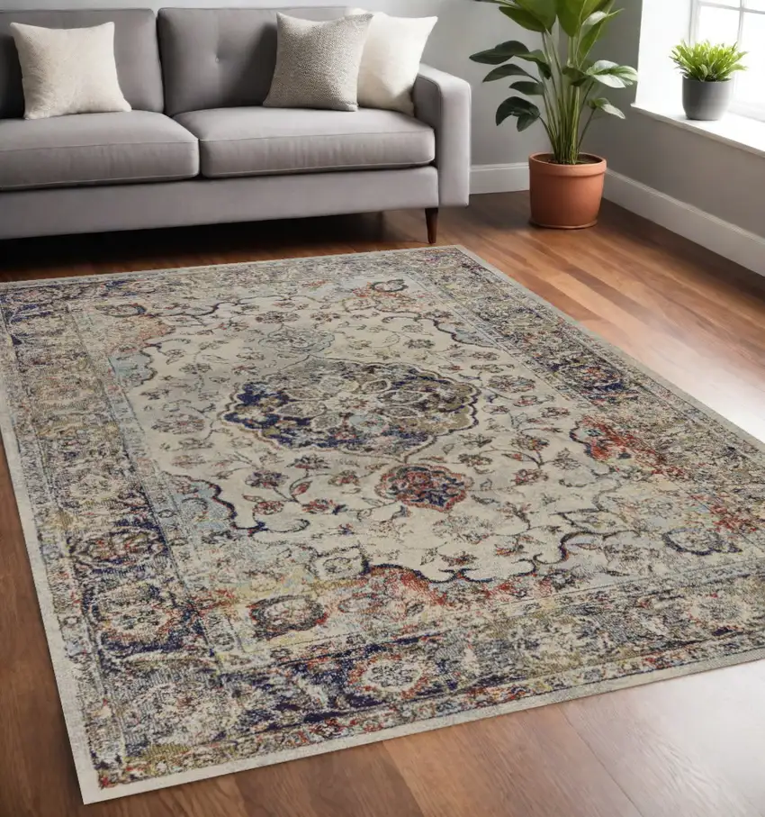 Ivory Machine Woven Traditional Floral Medallion Indoor Area Rug Photo 1